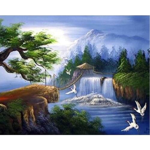 Crane diamond art waterfall painting mosaic embroidery landscape picture puzzle stones stickers home decor needlework craft diy
