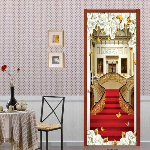 Red Carpet Stairs 3D Door Stickers Mural Wallpaper European Bedroom Living Room Door Waterproof Mural Home Decor Papel De Parede