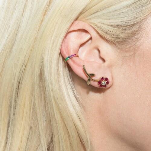 Red blue yellow purple various colorful bloom flower double sided earring for women minimal dainty cz rainbow fashion jewelry