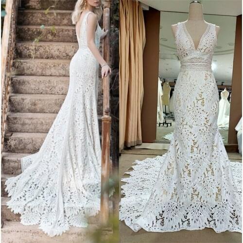 4071#V Neck Mermaid Lace Wedding Dress Sexy Plus Size Sleeveless Rustic Garden Elegant 2021 Real Photos Bridal Gown With Train