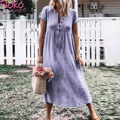 Flokocloset Summer Solid Short Sleeve O-Neck Maxi Dress Loose Long Dresses for Women Casual Beach Vacation Party Sundress