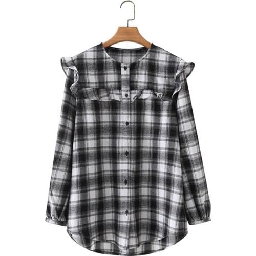 MESTTRAF Women 2021 Fashion Black and White Checkered Ruffle Collar Top Retro Long Sleeve Round Neck Loose Shirt Streetwear