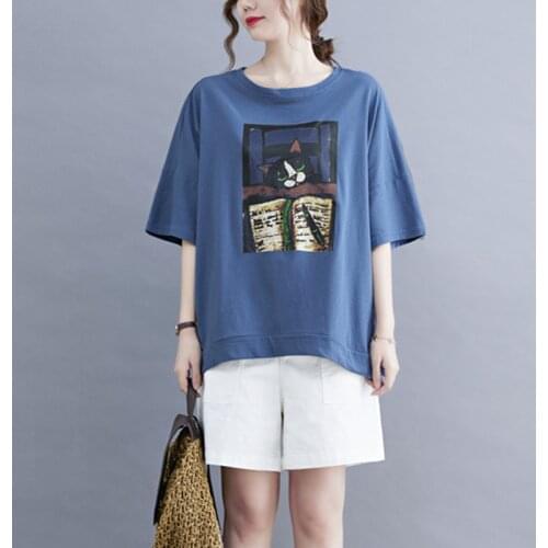 Sweet Girls Cartoon Cat Print Fashion Summer T Shirt Loose Women Tops Casual T-shirts Pure Cotton Street Wear All-match T Shirt