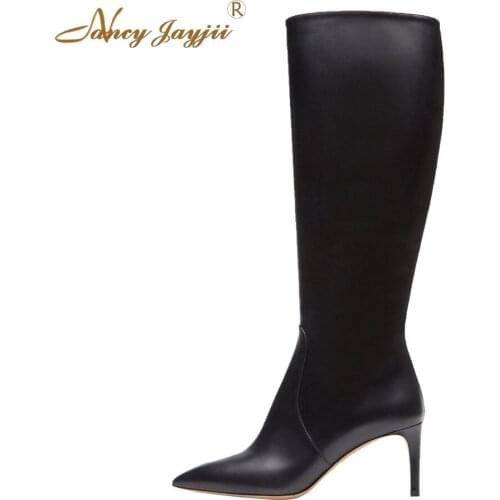 Nancyjayjii Women balck Winter Snow Black Pleather Point Toe Knee High Boots Shoes for Woman, botas mujer plus size 5-14