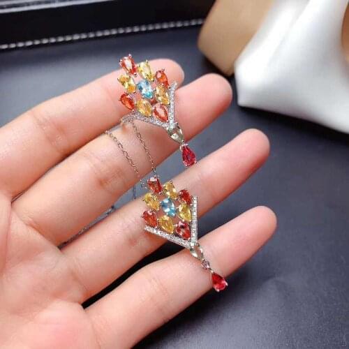 Natural Fancy Colored Sapphire Pendant Necklace Ring Set S925 Fine Fashion Wedding Luxurious Jewelry for Women Free Shipping