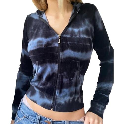 2021 New Women’s Tie Dye Print Hoodies Sweatshirts Long Sleeve Zip Up Slim Fit Sweatshirts with Pockets Women Clothes
