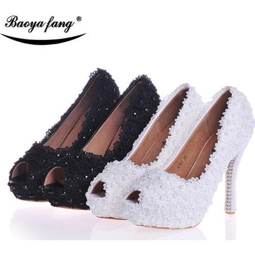 New arrival Peep Toe Lace Wedding shoes Womans Platform shoes real leather High heels Pumps ladies flower party dress shoes