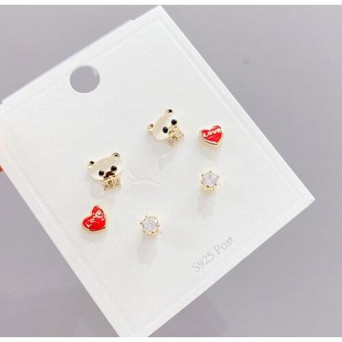 2021 New Design 6 Pcs 14K Gold Plated Cute Bear Stud Earrings Luxury Jewelry Cubic Zircon Heart Earrings
