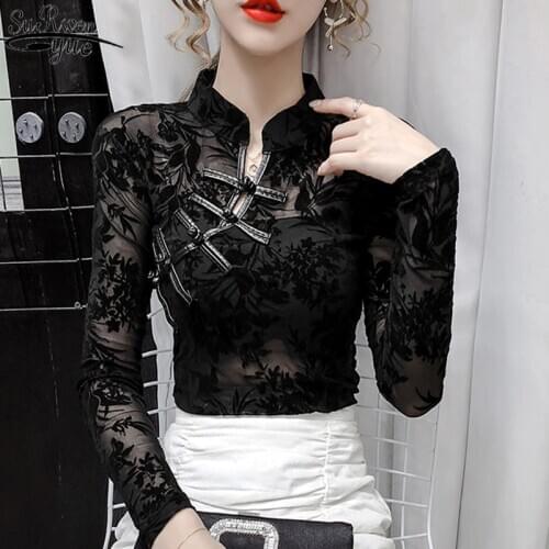 Autumn Womens Mesh Retro Lace Bottoming Shirt Hollow Tight See Through Womans Shirts Vintage Long Sleeve Sexy Mesh Top 11010