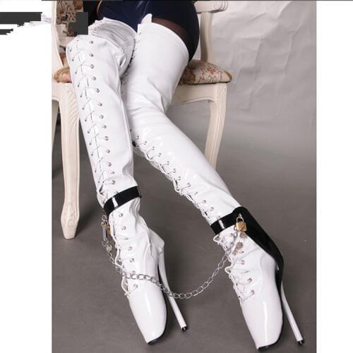 Sexy Fetish Extreme High Heel 18Cm/7 Inc Crotch Boots Women White Over Knee Ballet Heels Thin heel Padlocks Chain Long Boots