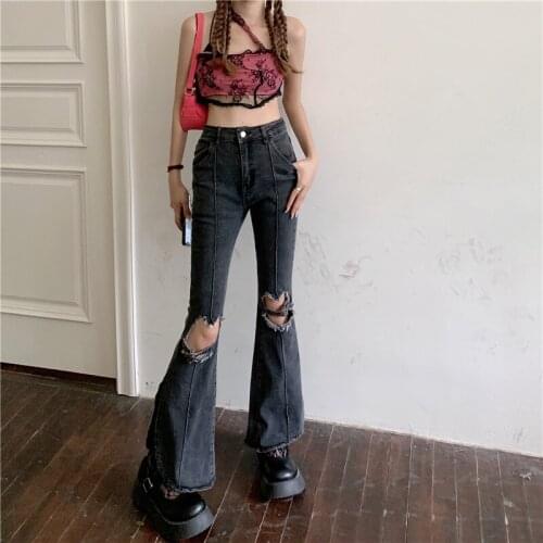 Sexy Vintage Hole Ripped Jeans Women Wide Leg Denim Flare Slim Pants High Waist Party Casual Trousers Bodycon Bell Bottoms Pant