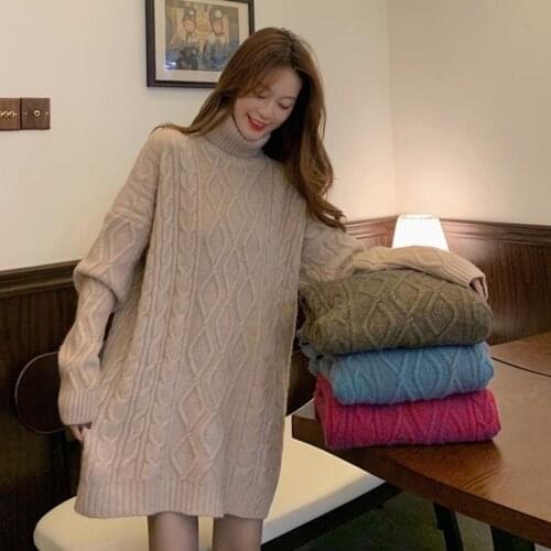 Pullover Turtleneck Sweater Women Loose Long Autumn Winter Medium Long Twist Thick Thread Female Sleeve Knitted Jumper Dress For
