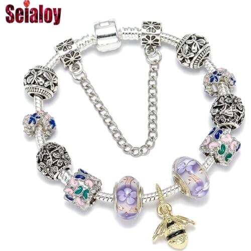 Seialoy Shiny Bee Pendant Daisy Flower Butterfly Beaded Charm Bracelets For Women Girl Original Snake Chain Diy Bangle Jewelry