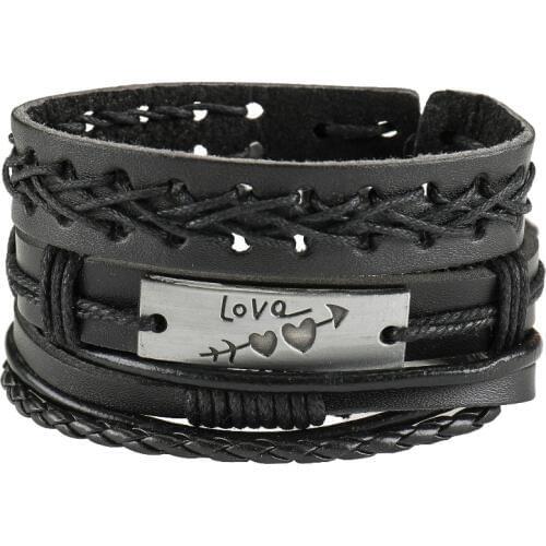 Black Love 4pc/set Punk Charm Handmade Wide Men Leather Bracelets Women Vintage Bangle Male Homme Jewelry Accessories