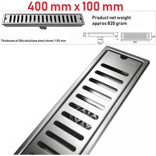 VIBORG 400mm x 100mm Deluxe 304 Stainless Steel Extra-thick Rectangular Bathroom Shower Linear Floor Drain Drainage Stainer