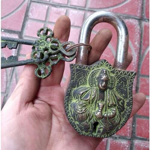Vintage Wonderful Bronze Lock Vishnu God shape of the padlock Tibet Buddha With 2 Keys Bring Lucky