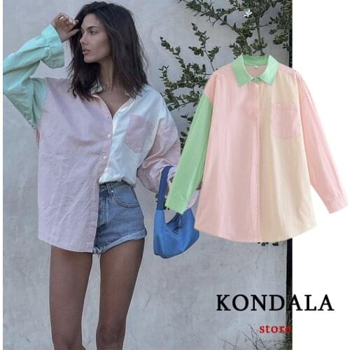Women Chic Pink Green Patchwork Oversized Shirts Za 2021 Long Sleeve Pockets 100% Cotton Casual Blouses Stylish Elegant Tops
