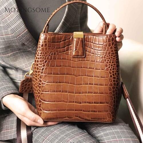 Retro Real Genuine Leather Women Bucket Bag Crocodile Bags Calfskin Vintage Crossbody Luxury Female Handbag Designer 2020 New