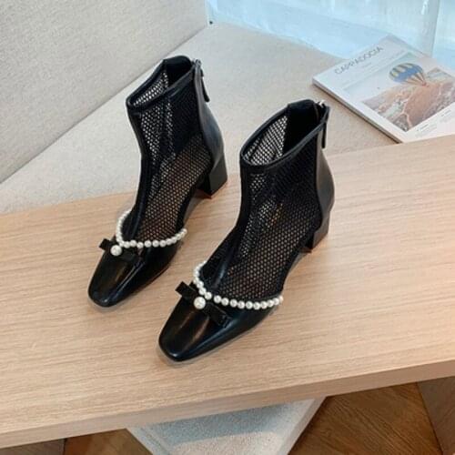 Womens boots summer single boots 2021 new British style fashion pearl mesh breathable square head rear zipper Martin boots