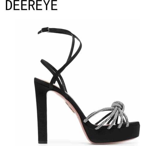 2021 Luxury Round Toe Ankle Buckle Straps Sandals With Rhinestone Black Size 33-43 Platform High Heel Women Party Dress Shoes