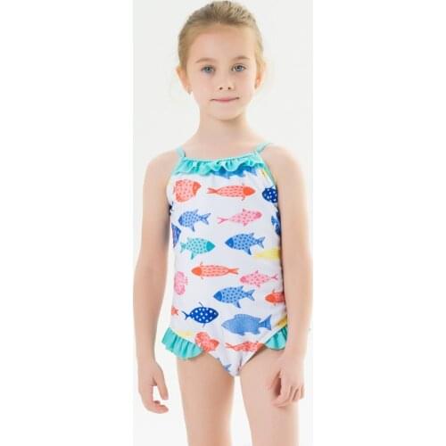 2-7Y Girls Swimsuit Ruffle One Piece Swimwear Kids Lovely Small Fish Bathing Suit Toddler Baby Beachwear Siamese Triangle Bikini