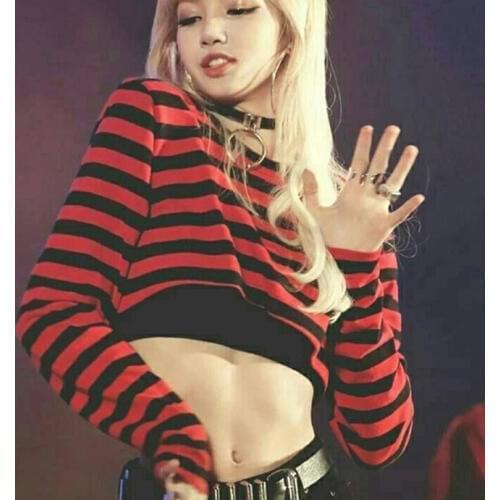 Kpop Korean Celebrity stripe hoodies women long-sleeve pullover hip hop high waist sweatshirt female dance studio korean clothes