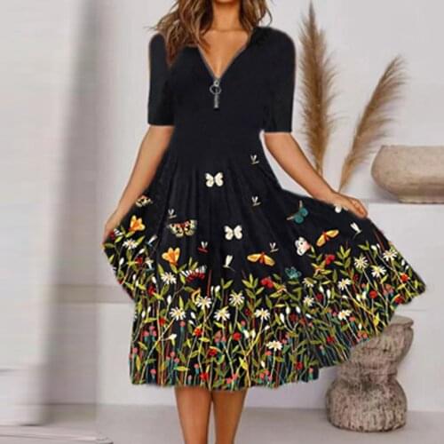Women Butterfly Flower Print Hem Summer Dress 2021 Spring Zipper V Neck Loose Long Dress Casual Short Sleeve Lady A-Line Dresses
