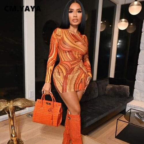 CM.YAYA Women Mini Dress Print Full Sleeve O-neck Stretchy Skinny Bodycon Dresses Sexy Night Club Party Vestidos Summer Outfits