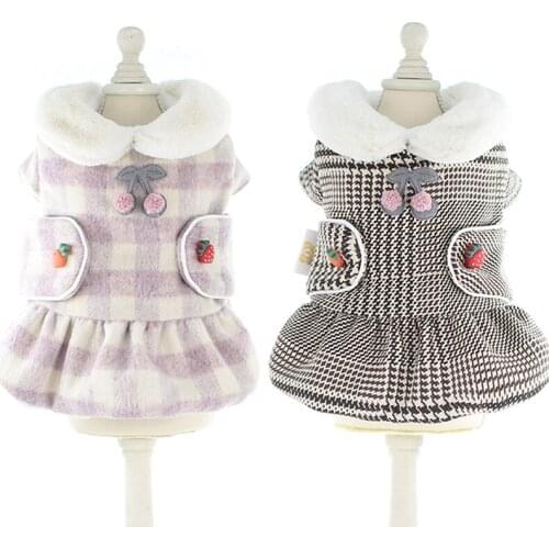 Winter Pet Lollipop Wool Plaid Skirt Stripe Warm Comfortable Dog Dress Coat Cherry Poodle Puppy Small Dog Clothing Pet Costume