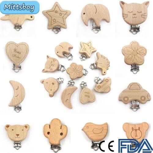 5Pcs DIY Accesorie Food Grade Beech Teether Wooden Clip Animal Pacifier Chain Shape Dummy Clip for Baby Teething Pacifier Chain