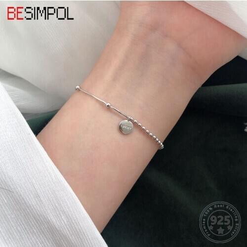 Besimpol 925 Sterling Silver Lucky Letter Bracelet Fashion Simple Smiley Chain Bracelets for Women Luxury Fine Jewelry Gifts