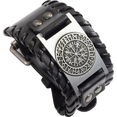 Jessingshow Nordic Viking Alloy Charm Bracelet Male Wide Leather Weave Adjustable Wristband Cuff Bangle Men Punk Jewelry