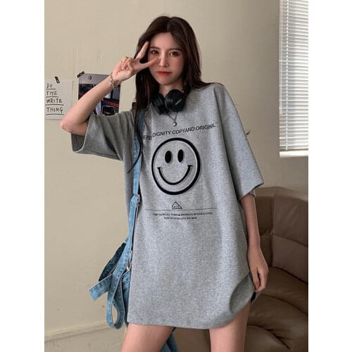 2021 Gray Tshirt Streetwear Fummer Oversized Smile T Shirt Women Harajuku Short Sleeves Tops Tee Hip Hop Oversized Tshirt Funny