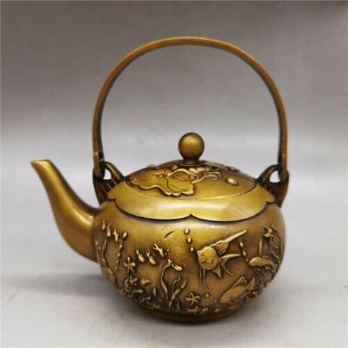 Chinese Antique Collection Brass Flower Bird Fish Worm Teapot