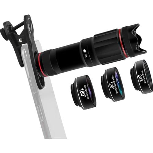 Clip-on Phone Camera Lens Phone Lens Kit 4 in 1 Including 18X Telescope 180°Fisheye Lens 120°Wide Angle Lens 20X Macro Lens