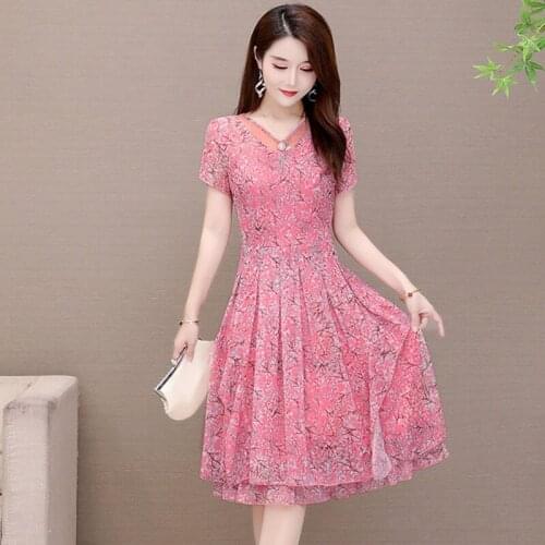 Summer Gauze Short Sleeve Dresses V-Neck A-Line High Waist Slim Floral Print Yellow Pink Female Dresses Fancyd pleate Vestidos