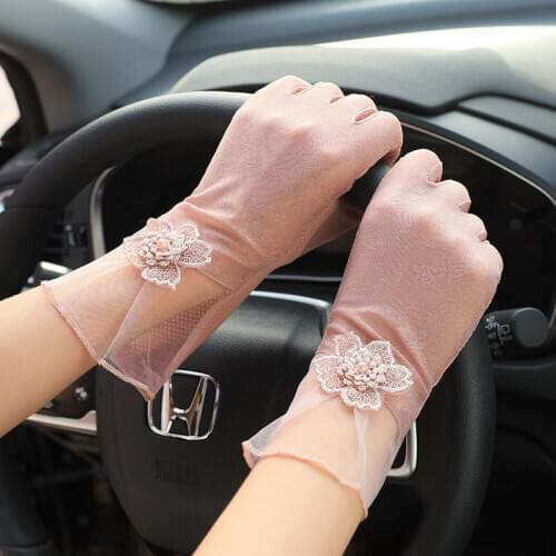 Summer Ice Silk Women Lace Sunscreen Gloves Thin Breathable Touch Screen Mid-length Non-slip Female Exquisite Driving Gloves