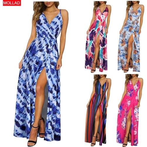 2021 Summer EBay Popular Temperament Commute Blue Mid-Waist Printed Dress Strap Type Spot Dress