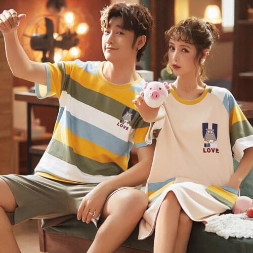 Fashion Lovers Homedress Pajamas Sets Womens Short Sleeve Nightdress Round Neck Sleepwear Cotton Couples Casual Home Clothing