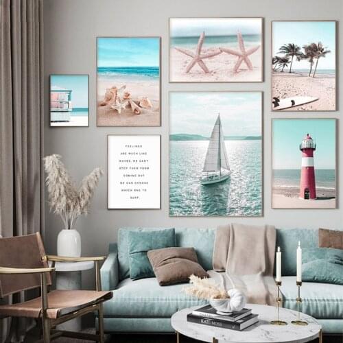 Sea Surfboard Lighthouse Sailboat Palm Beach Wall Art Canvas Painting Nordic Posters And Prints Pictures For Living Room Decor