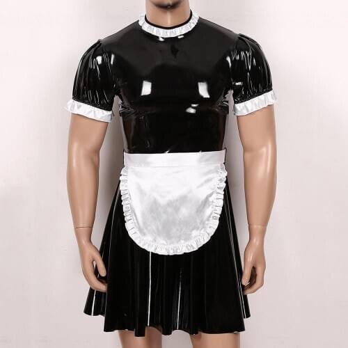 Mens Sissy Maid Cosplay Costume Clubwear Short Puff Sleeve Wetlook Leather Latex Maid Servant Uniform Flared Dress with Apron