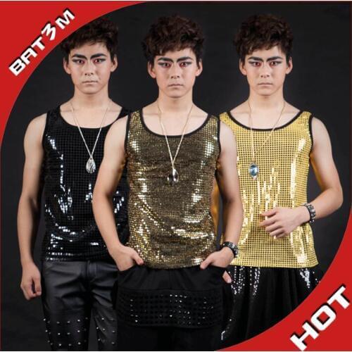 Summer style personality slim male sequins vest men punk rock costumes singer dance stage fashion street blue black novelty