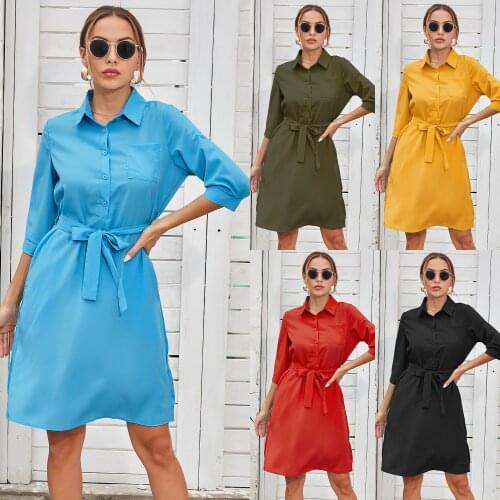 2021 New Women Pure Green Red Blue Yellow Dress A Line Turn Down Collar Casual Three Quarter Sashes A Dress YY07