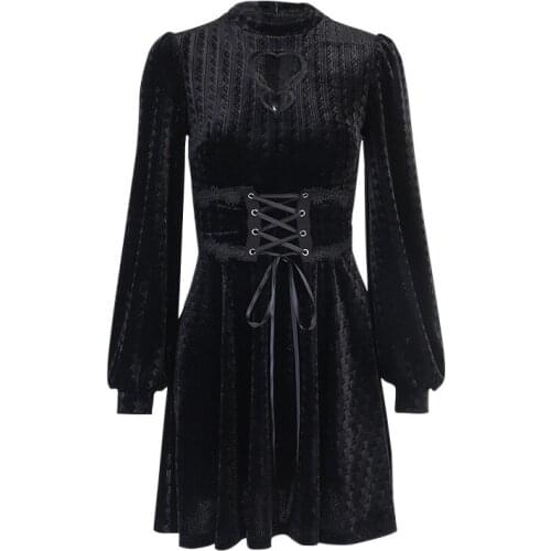 New Elegant Velvet Gothic Vintage Mini Dresses Black High Waist Long Sleeve Graphic Embroidery Dress "Women Slim Partywear