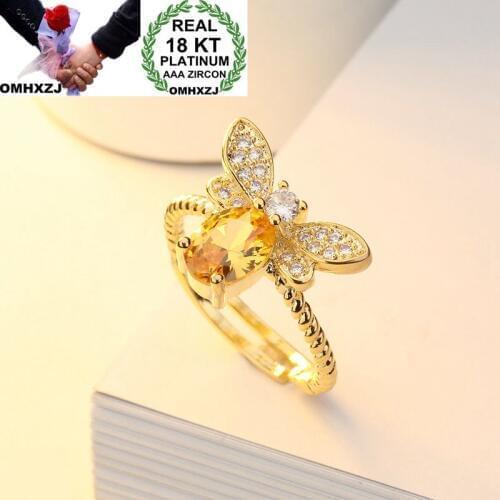 OMHXZJ Wholesale European Fashion Woman Girl Party Wedding Gift Luxury Bee White Zircon 18KT Yellow Gold Resizable Ring RR761