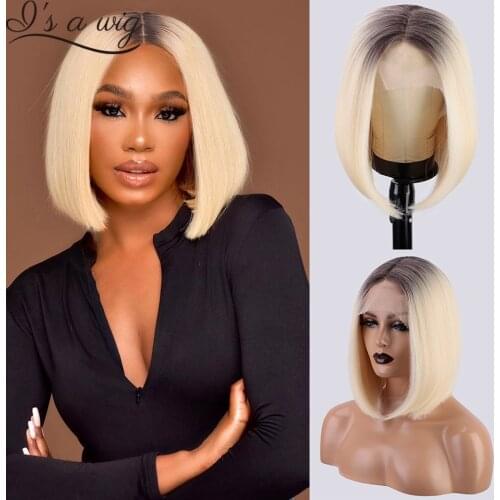 Is a wig Ombre Blonde Synthetic Lace Wigs Short Straight Lace Front Wig for Women Middle Part Mix Brown Black Bob Wigs