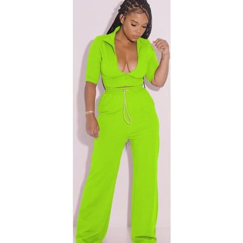 Casual Sporty Two Piece Set Women Tracksuit Zipper Front Half Sleeve Crop Top Drawstring Loose Wide Leg Pant Co Ord Outfits