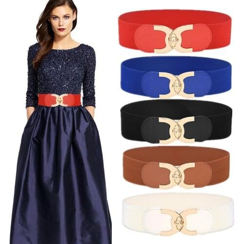 Korean Style Windbreaker Elastic Waistband Button Decoration Wide Belt Ladies Belt Alloy Buckle Belt Dress Women Accessory