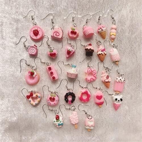 1Pair Drop Earrings Cute Donuts and Cake Cartoon Food pink color Handmade Flatback ResinEarrings Jewelry For Woman And Children