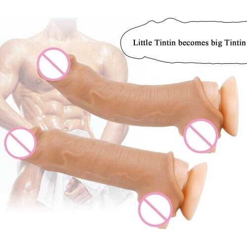 Silicone Penis Extender Reusable Condoms For Men Penis Enlargement Pocket Pussy Realistic Dildo Cock Ring Adult Sex Toys For Men